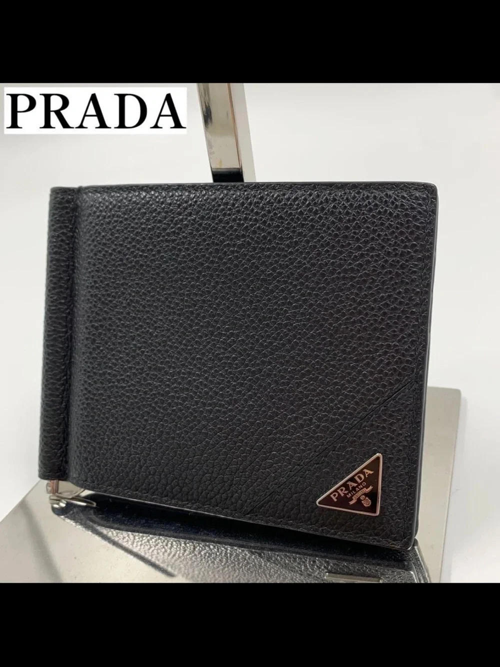 Prada Black Saffiano Leather Money Clip with Triangle Logo
